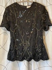 Vintage Papell Boutique Evening Top Silk Beaded Sequin Black - Size Small