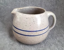 Beige Glazed Pitcher Stoneware Primative JUG Crock with Blue Stripes 4.75" Tall