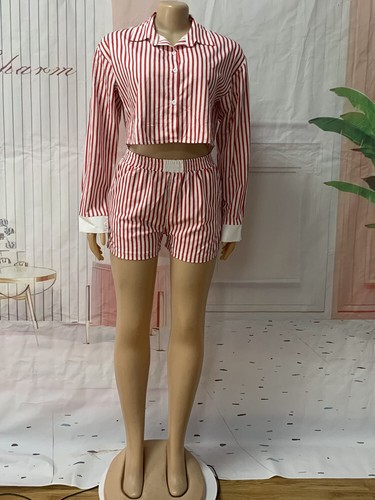 Women's Red Striped Blouse Shirt Top And Matching Shorts Set Summer Tracksuits - Picture 10 of 51