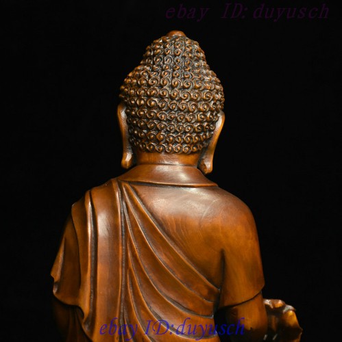 7" Old Tibet Boxwood Wood Carved medical Menla Medicine Sakyamuni Buddha Statue - Picture 11 of 12