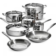 Silver 2100103838 Lagostina Q939SC64 Tri-Ply Stainless Steel Multiclad Dishwasher Safe Oven Safe Glass Lid Cookware Set 12-Piece