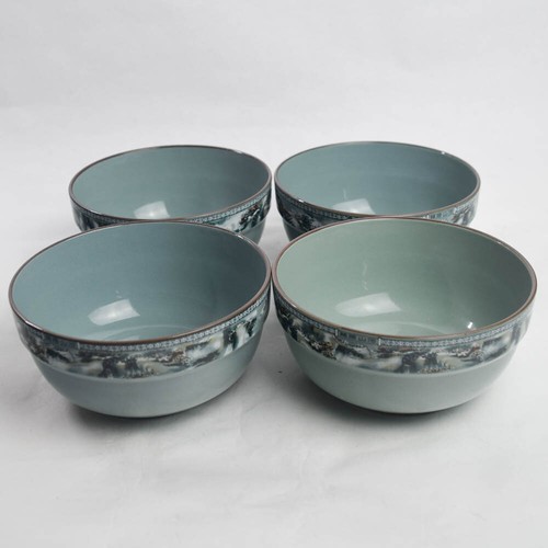 Chinese Blue Gray Rice Bowl Set of 4 Mountain Waterfall Landscape Scenery - Picture 4 of 11