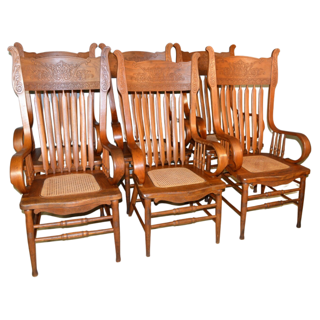 Rare Set of 6 Victorian Press Back Arm Chairs – Circa 1890s