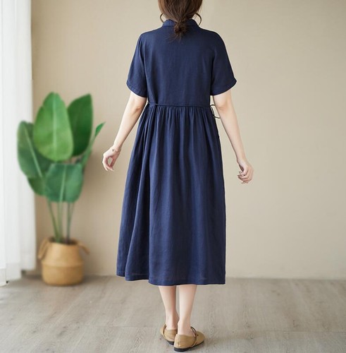 Women Summer Retro Lapel Short Sleeve A-line Pure Color Cotton Linen Shirt Dress - Picture 17 of 17
