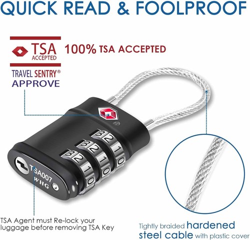 Paquete de 2 cerraduras de equipaje aprobadas por la TSA, bloqueo de cable de viaje combinado - Imagen 10 de 13