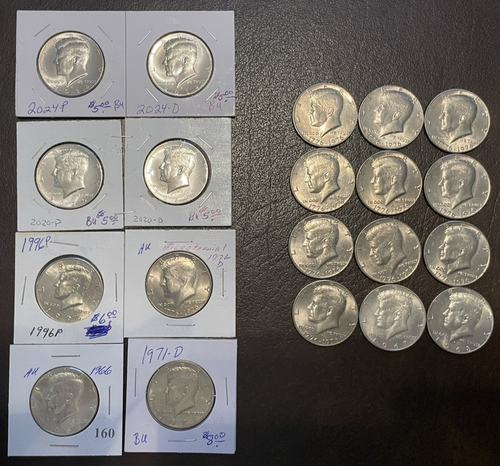 20 JFK Half Dollar .50c Coins -Full Roll- w/Silver -1966 to 2024 Years P and D