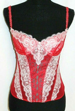 CORSET OVER BUST TANK 34B RED  WHITE LACE PADDED HOOK  EYE SPAGHETTI STRAP