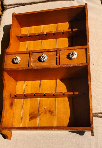 Antique Primitive Maple Wood Spice Spoon Rack Shelf Drawers Blue Porcelain Knobs - Picture 3 of 22