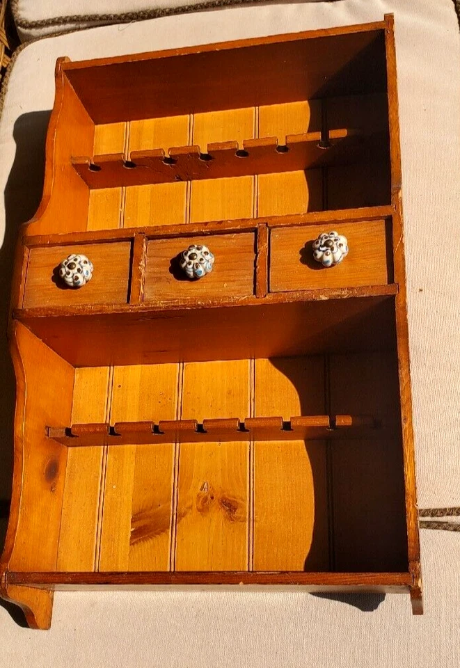 Антикварные примитивные полочные ящики для ложек специй из клена синие фарфоровые ручки - Изображение 3 из 4