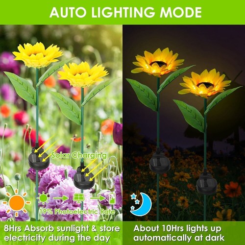 10 LED Solar Sunflower Lights 2 Pack Decorative Stake Lamp for Garden Yard Patio - Picture 4 of 11