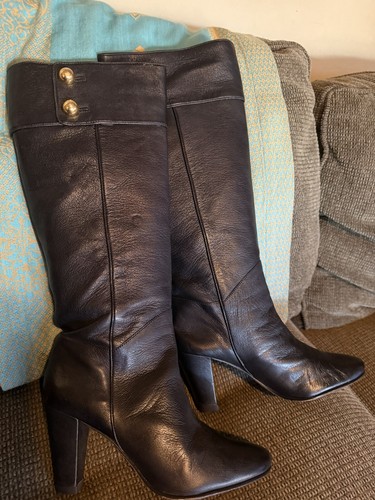 Kate Spade Women 7.5 BlackReal leather tall boots heeled winter pull Up 3” Heel - Picture 9 of 24