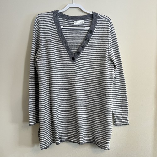 Anthropologie Pullover V-Ausschnitt grau weiß gestreift Seitenschlitz Viskosemischung Damen XL