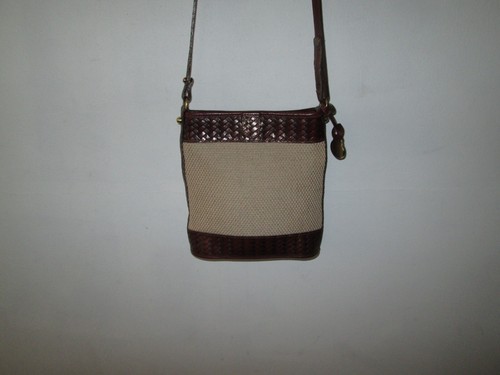 Vtg BRAHMIN Beige Woven Canvas + Brown Herringbone Leather Crossbody Bag Purse - Picture 4 of 5