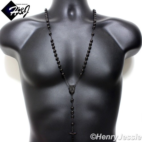 30+5"Stainless Steel HEAVY 8mm Black Plated Beads Virgin Mary Rosary Necklace*10 - Picture 2 of 2
