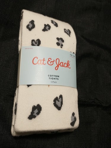 Girls Cat & Jack sz12/14 Large White Cotton, Child Tights with Blk& White harts  - Picture 1 of 7