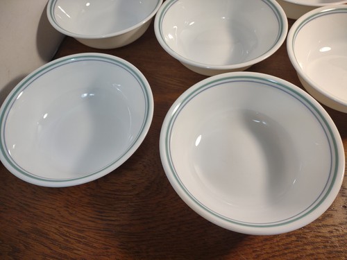 Corelle COUNTRY COTTAGE 6 1/4" Soup Cereal Bowls Blue and Green Rim SET OF 7 - Picture 5 of 7