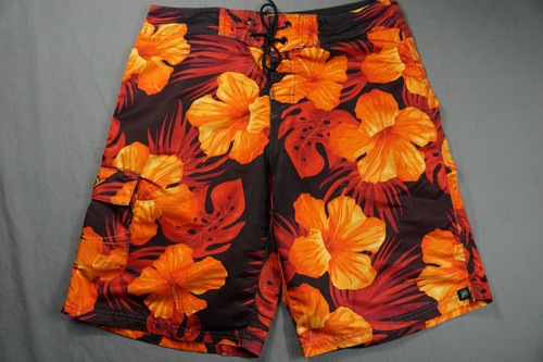 Rostige leichte Cargo Boardshorts, Boardies. Orange Blumenmuster, Herren Größe 32.