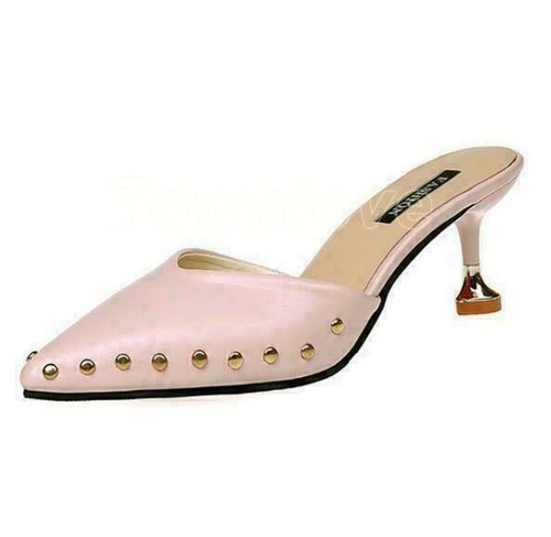 Mujer Mules Zapatillas Remaches Sandalias Punta Punta Medio Gatito Tacones Sin Cordones Zapatos - Imagen 15 de 27
