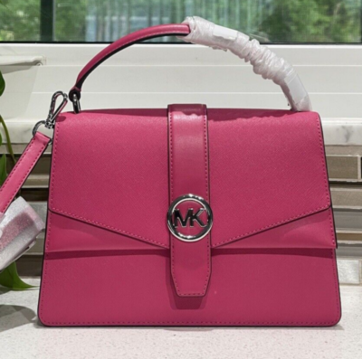 #ad MICHAEL KORS GREENWICH MEDIUM FLAP SATCHEL SHOULDER BAG PURSE DRAGONFRUIT PINK