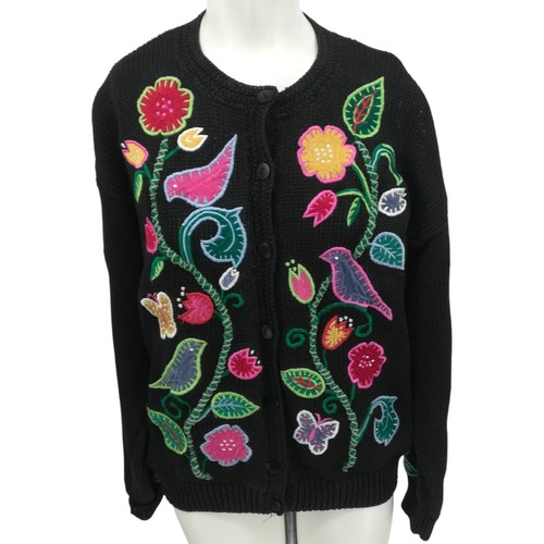 Vintage Orvis Norwegian Applique Bird Flower Cardigan Sweater Size XL Boho Black