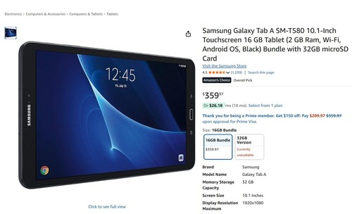Samsung Galaxy Tab A SM-T580 10.1" Touchscreen 16 GB 2 GB Ram, Wi-Fi Android