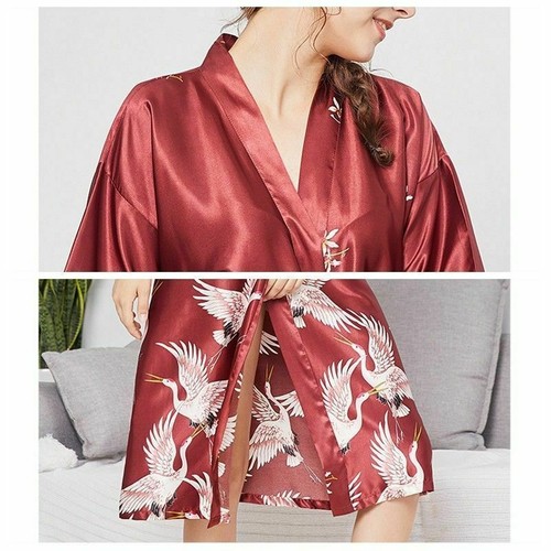 Women Faux Silk Japanese Kimono Yukata Crane Robe Bathrobe Night Gown Sleepwear - Bild 11 von 14