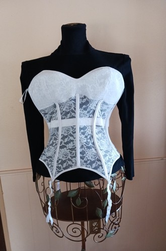 Sexy Coquette white Lace plastic Boned Bustier Corset Suspenders Med adjustable  - Bild 10 von 22