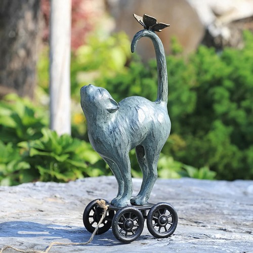 Contented Cat And Butterfly Pull Along Aluminum Home Decorative