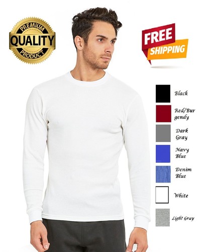 Men's Thermal Shirt Quality Heavy Cotton Waffle Long Sleeve Crew Neck Solid NEW - Picture 1 of 17