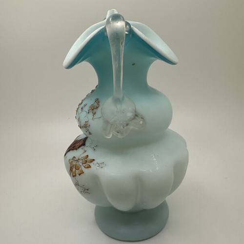 Antique Blown Cased Satin Blue And White Vase/Pitcher Butterfly And Flowers - Picture 5 of 12