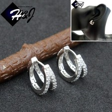 WOMEN SOLID 925 STERLING SILVER ICY BLING CZ DOUBLE HOOP HUGGIE EARRING E248
