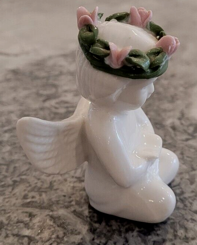 Collectible Porcelain 3"Hx2.5"L White Cherub Angel w/Pink Flower Crown Figurine - Picture 20 of 21
