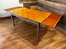 vintage French parquetry top, cabriole leg, draw leaf extending dining table