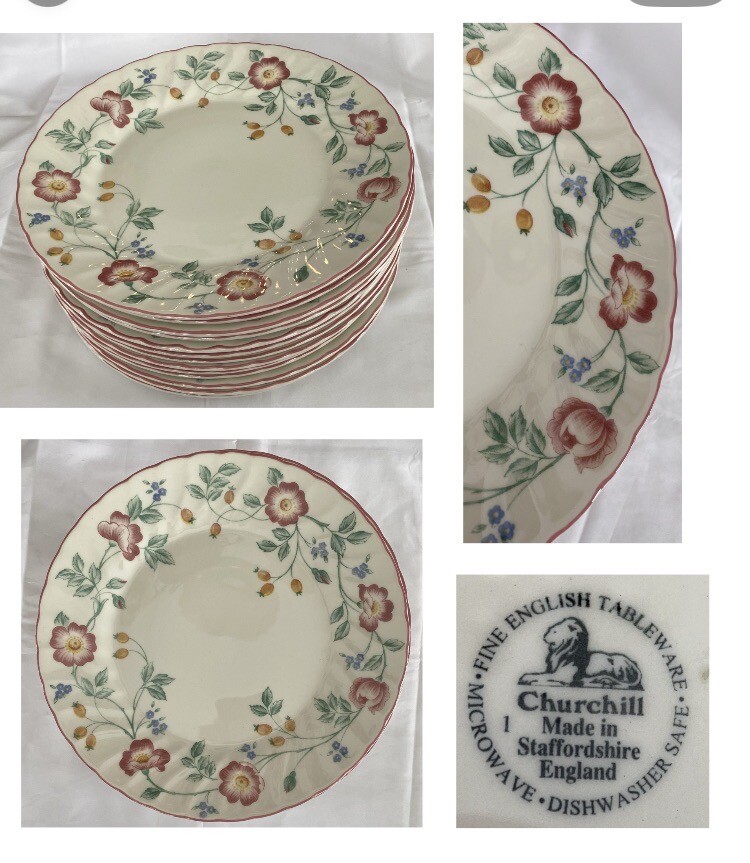 Platos de cena Churchill de colección 10" rosa briar adorno rosa década de 1990 INGLANDIA 13 piezas