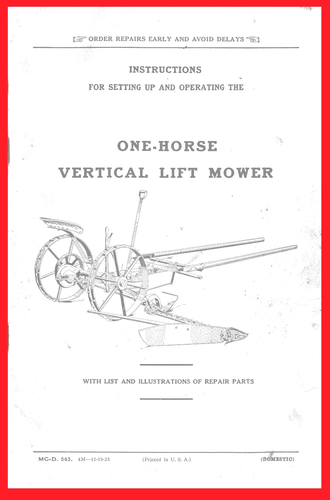IH McCormick-Deering One-Horse Vertical Lift Mower Owners Repair Parts Manual - Picture 2 of 12