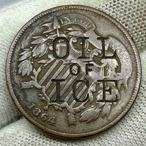 1864 TWO-CENT PIECE UNITED STATES AMERICA rare counter stamped OIL OF ICE o-59