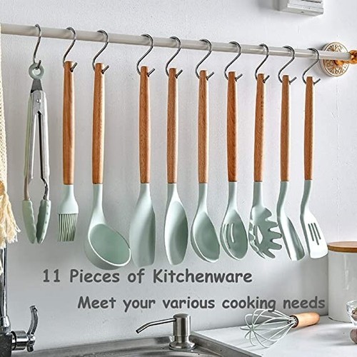 SET 12 UTENSILI CUCINA IN SILICONE MANICO DI LEGNO ANTIADERENTE MESTOLO - Foto 4 di 6