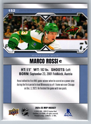 2024-25 Upper Deck MVP #152 Marco Rossi Base Card - Picture 2 of 2
