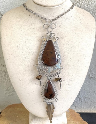 Peruvian Mahogany Obsidian Semi-precious Stone Medallion Necklace Alpaca Silver - Picture 7 of 10