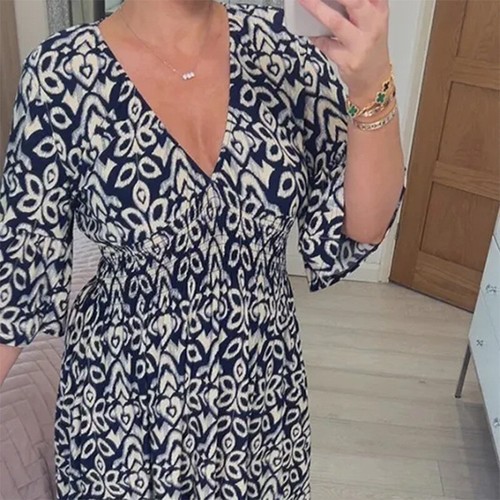 Damen V-Ausschnitt Floral Langes Kleid Urlaub Sommer Plus Size Strandkleider - Bild 15 von 15