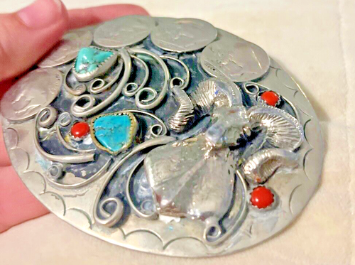 Vinatge Native Silver Nickle Ram & Buffalo Nickels, Turquoise & Coral Buckle - Picture 8 of 19