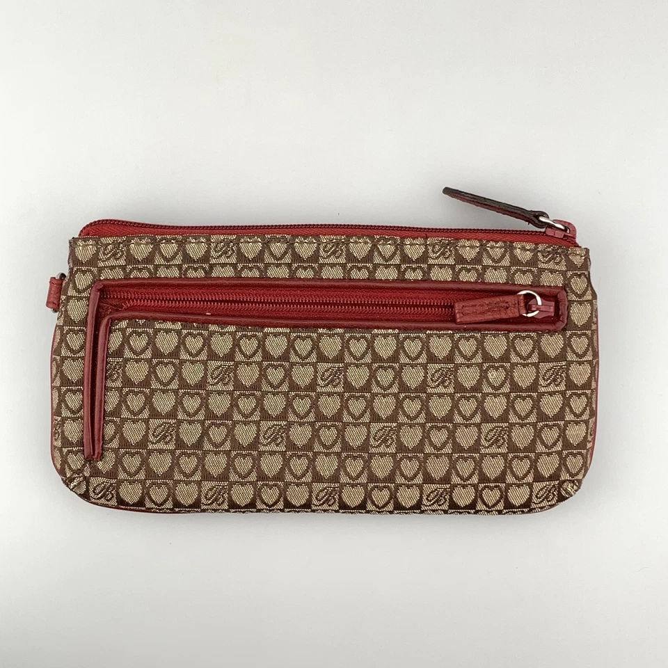 Bolso sin asas organizador de tarjetas billetera Brighton marrón lona corazón rojo ribete de cuero Foto 2 de 4