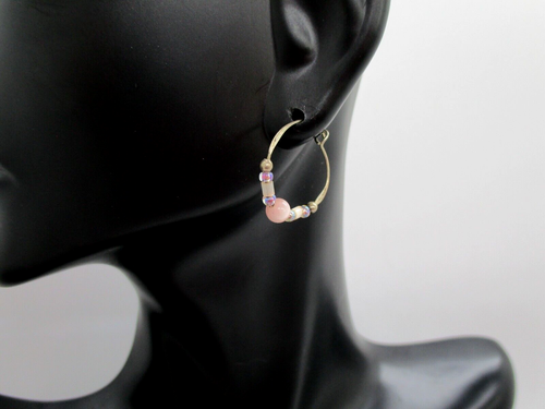 Sterling Silver 925 pink cats eye glass beaded hoop Earrings - Picture 4 of 7