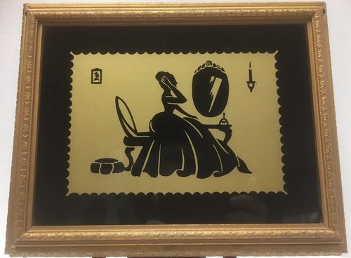 Vtg SILHOUETTE Jewelry Box CRINOLINE LADY Ornate Gold Gilded Wooden Mirrored - Picture 2 of 12