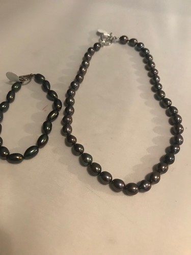 SEA LILY FRESH WATER PEARL NECKLACE & BRACELET SET IRIDESCENT PURPLISH COLOR - Picture 2 of 8