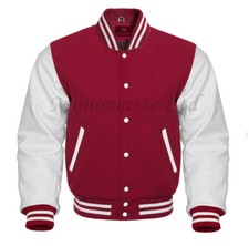 New Varsity Letterman Maroon Wool Genuine  White Leather Sleeves Bomber Jacket