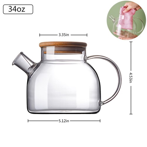 Glass Teapot 34oz Borosilicate with Wooden Lid Safe for Stovetop & Microwave - Picture 3 of 6