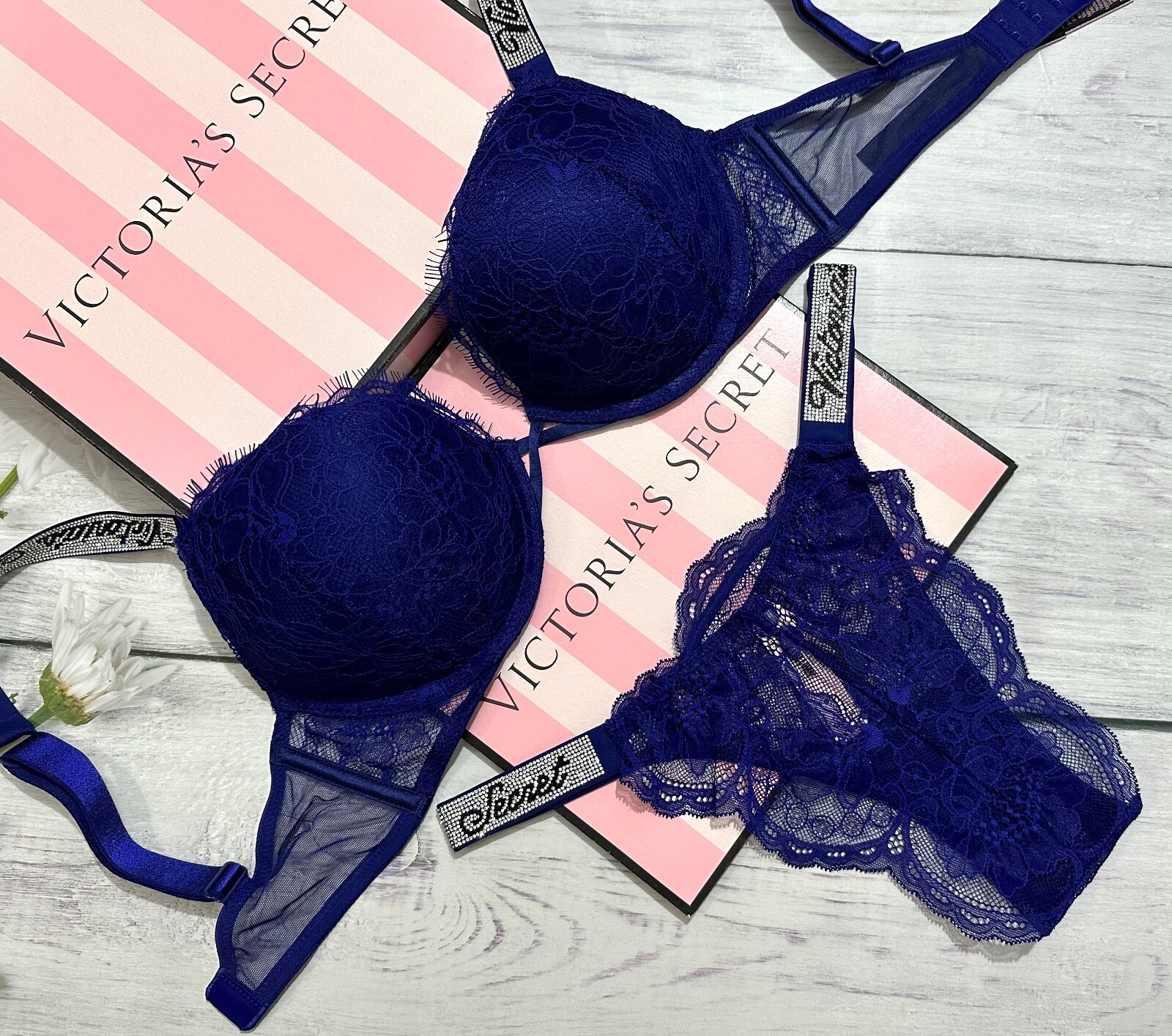 Victoria's Secret Shine Strap Bombshell Push Up Bra Brazillian Set Night Ocean image 3