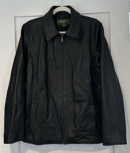Eddie Bauer Black Leather Pebble Grain Heavy Leather Bomber Jacket L Tall LT - Picture 2 of 8