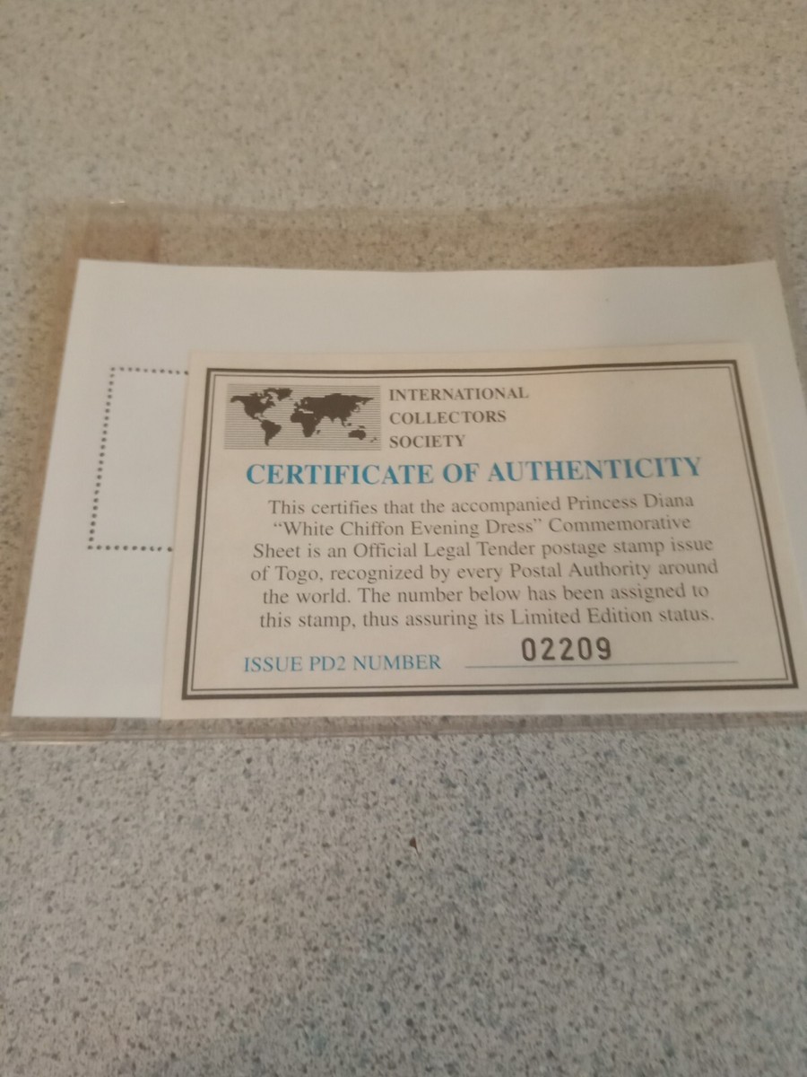 NEWPrincess Diana Stamp"White Chiffon Dress"International Collectors  Society COA